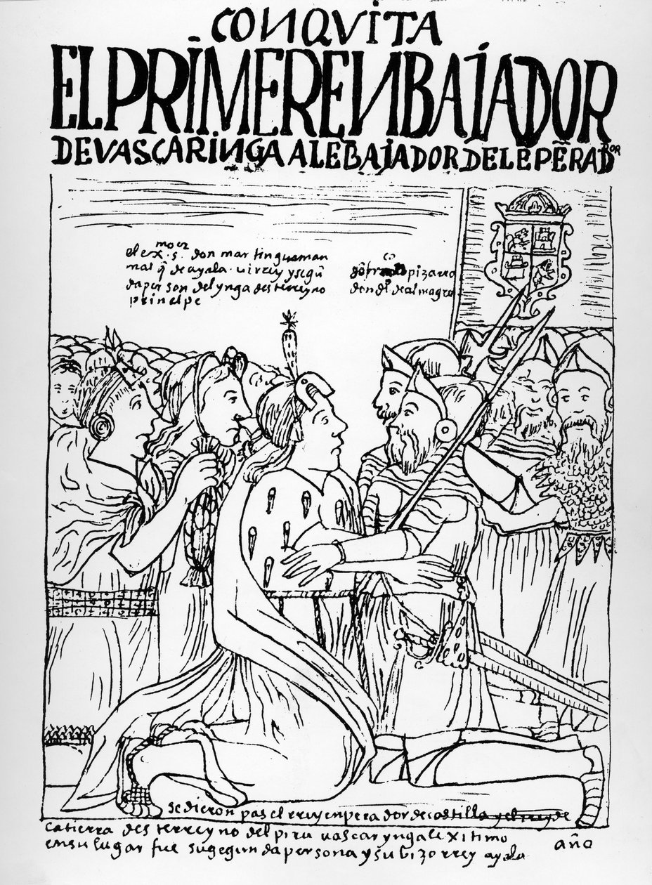 Martin de Ayala begrüßt Francisco Pizarro und Diego de Almagro von Felipe Huaman Poma de Ayala