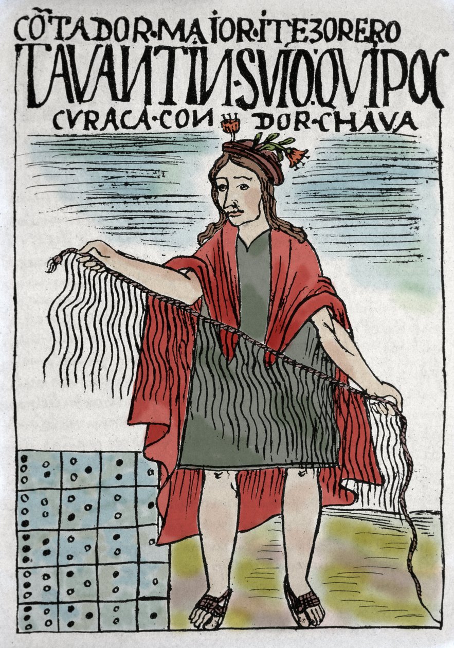 Quipu (Quipo Quipou) Inka-Buchhaltungssystem aus Seilen und Knoten, Inka-Kultur 1400-1532 n. Chr., Manuskript von Felipe Guaman Puma de Ayala (Nueva Coronica y buen Gobierno), indianischer Kolumnist des 16. Jahrhunderts. von Felipe Huaman Poma de Ayala