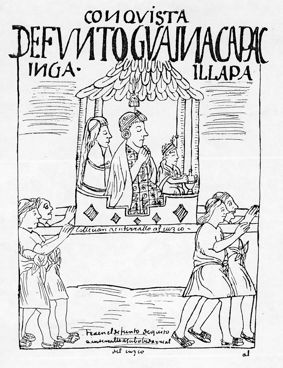 Der Körper von Huayana Capac wird von Quito nach Cuzco zur Beerdigung getragen von Felipe Huaman Poma de Ayala