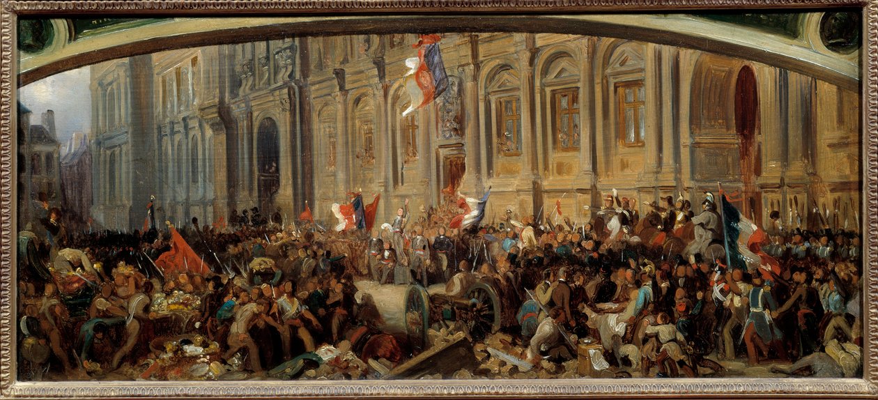 Revolution von 1848: Alphonse de Lamartine (1790-1869), französischer Schriftsteller und Politiker, weist die rote Fahne im Rathaus am 25. Februar 1848 zurück. Gemälde von Felix Philippoteaux (ca. 1815-1884) von Felix (after) Philippoteaux