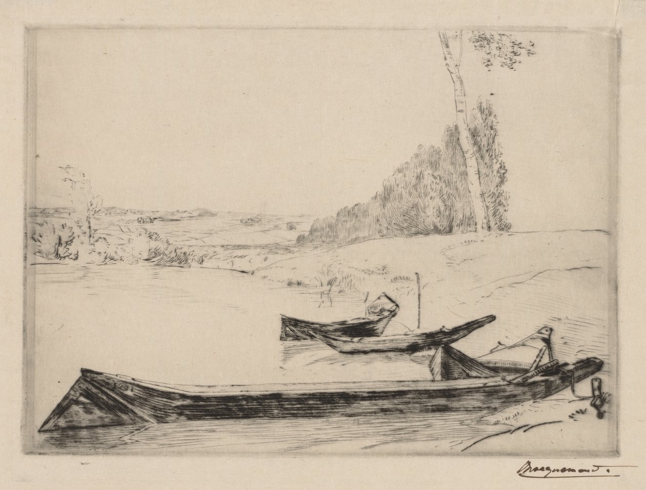 Kleine Fähren am Ufer der Seine von Felix Bracquemond