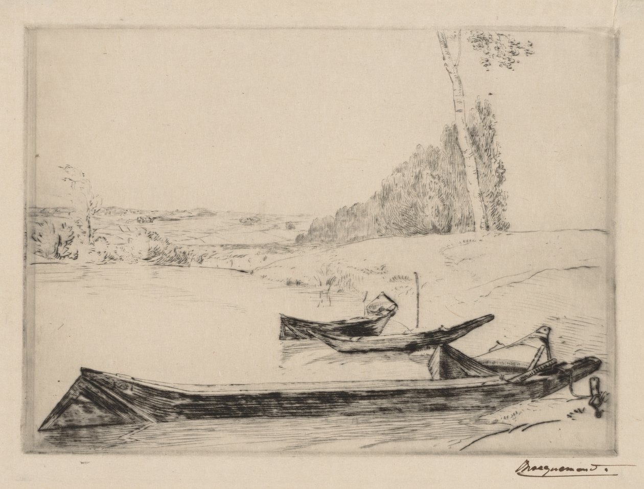 Kleine Fähren am Ufer der Seine, um 1858 von Felix Bracquemond