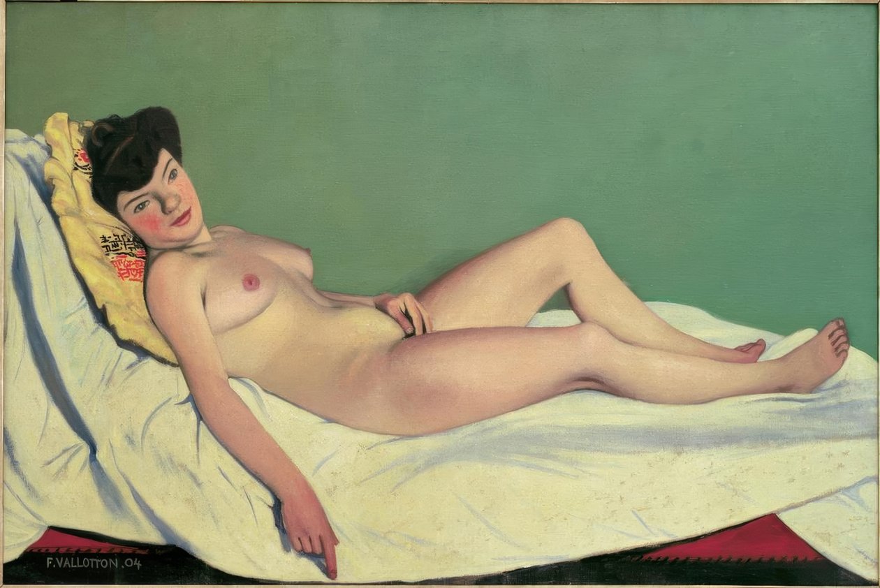 Nackte Frau auf einem weißen Tuch, gelbes Kissen von Felix Edouard Vallotton