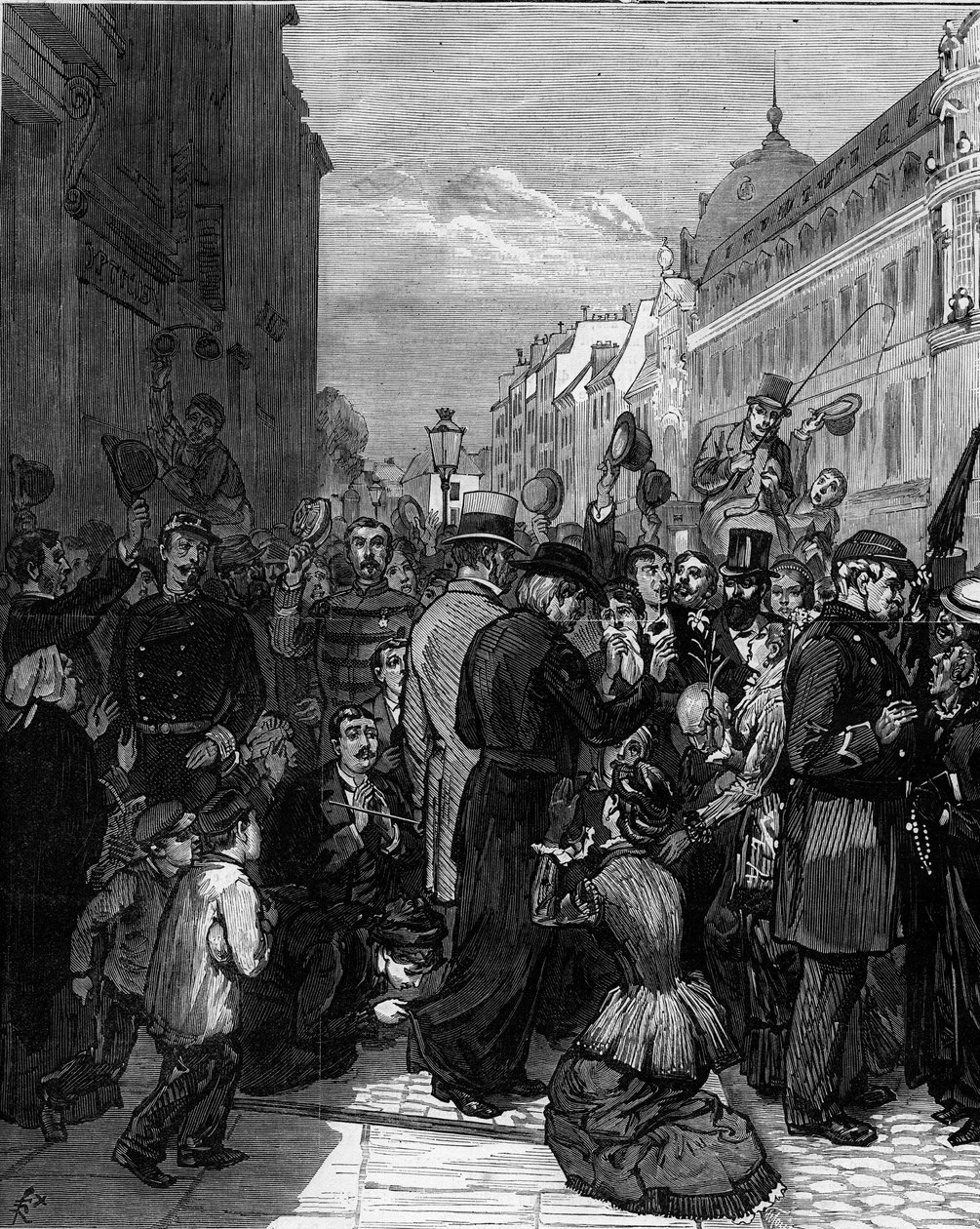 Deportation der Jesuiten aus der Rue de Sèvres in Paris nach den Dekreten von März 1880, die von Jules Ferry erlassen wurden und den Mitgliedern nicht autorisierter religiöser Kongregationen das Recht zu lehren entziehen: Die Pariser Bevölkerung zeigt Soli von Felix Elie Regamey