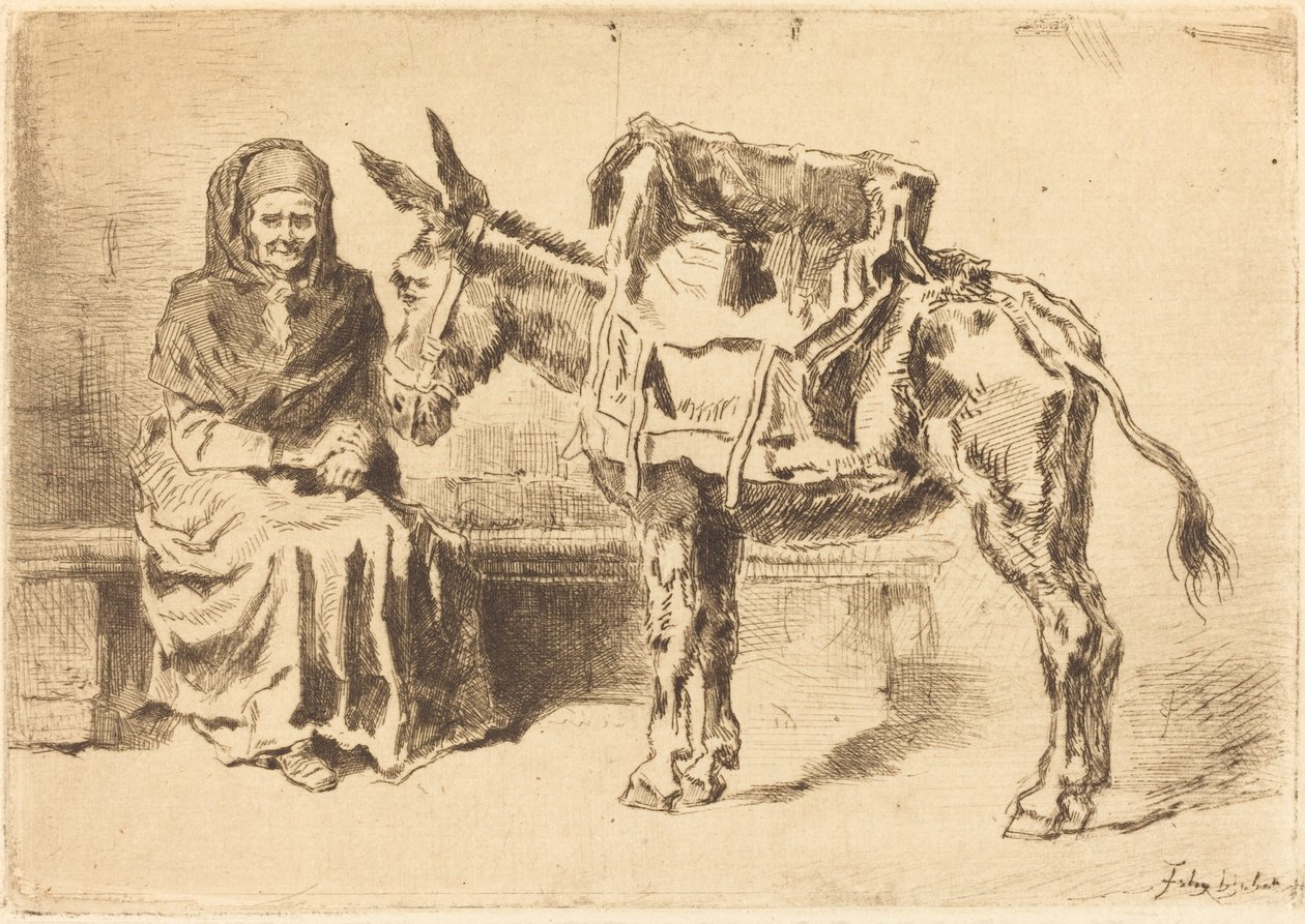 Sitzende Frau und Esel von Felix Hilaire Buhot