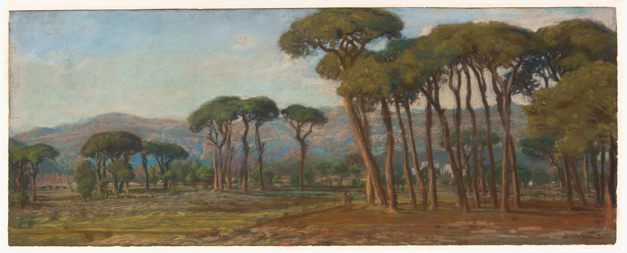 Weitläufige Landschaft mit einem Dorf und Hügeln in der Ferne von Felix Hippolyte Lanoue