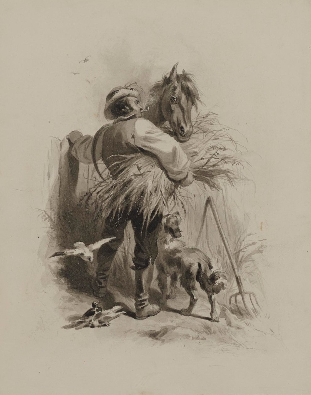 Bauer mit Pferd, Hund und Tauben von Felix Octavius Carr Darley