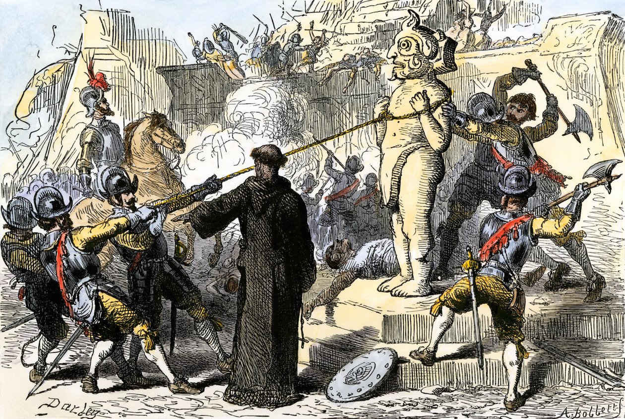 Spanische Priester zerstören die aztekischen Idole Mexikos. 19. Jahrhundert von Felix Octavius Carr Darley