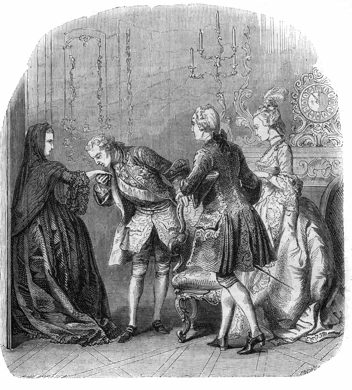 Ludwig XV. (1710-1774) küsst die Hand der Prinzessin von Lamballe (Marie Thérèse Louise de Savoie-Carignan oder Savoie Carignan) (1749-1792), in Anwesenheit des Marquis de Richelieu und Melle Lange (zukünftige Gräfin von Barry (Madame du Barry) geborene Je von Felix Philippoteaux