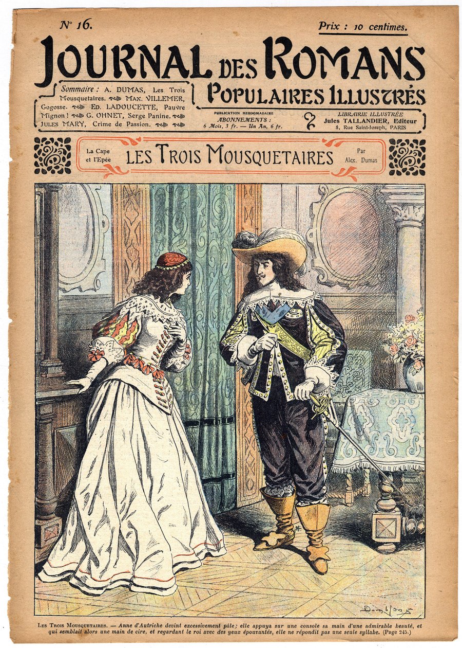 Romanserie: „Die drei Musketiere“ von Alexandre Dumas (1802-1870). König Ludwig XIII. (1601-1643) kündigt Königin Anna von Österreich (1601-1666) an, dass sie die Diamantnadeln für den Ball im Rathaus tragen muss. In „Le Journal des romans“ von Felix Philippoteaux