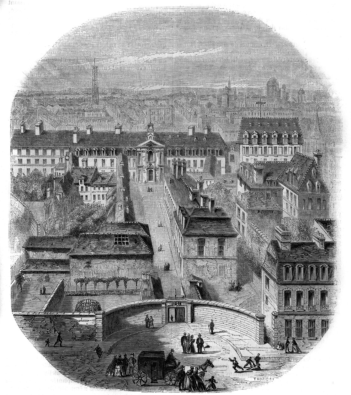 Ansicht der Gobelins-Manufaktur in Paris, mit dem Kapuzinerkloster, dem Observatorium und dem Schloss der Königin Blanche. Gravur von Thorigny von Felix Thorigny