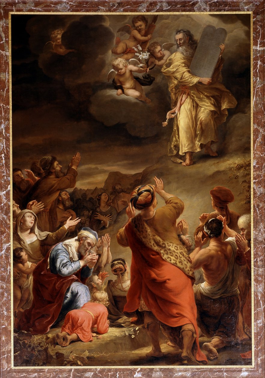 Moses steigt mit den Zehn Geboten vom Berg Sinai herab