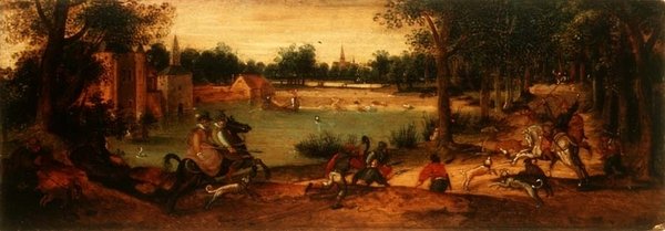 Die Wildschweinjagd: Ein Paar Landschaften von Ferdinand Bol
