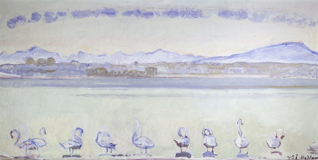 Neun Schwäne vor einer bergigen Landschaft, 1915 von Ferdinand Hodler