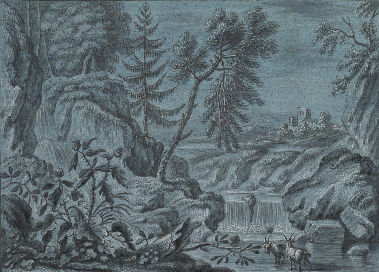 Südliche Landschaft mit Wasserfall und Ziegen, spätes 18. Jahrhundert von Ferdinand Kobell.
