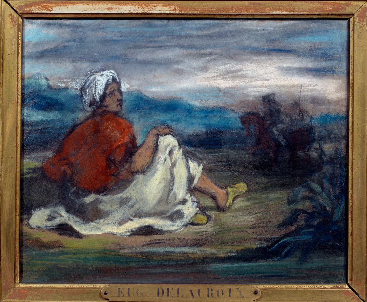 Ein Araber sitzt auf dem Land am Straßenrand. Pastellgemälde von Eugene Delacroix von Ferdinand Victor Eugene Delacroix