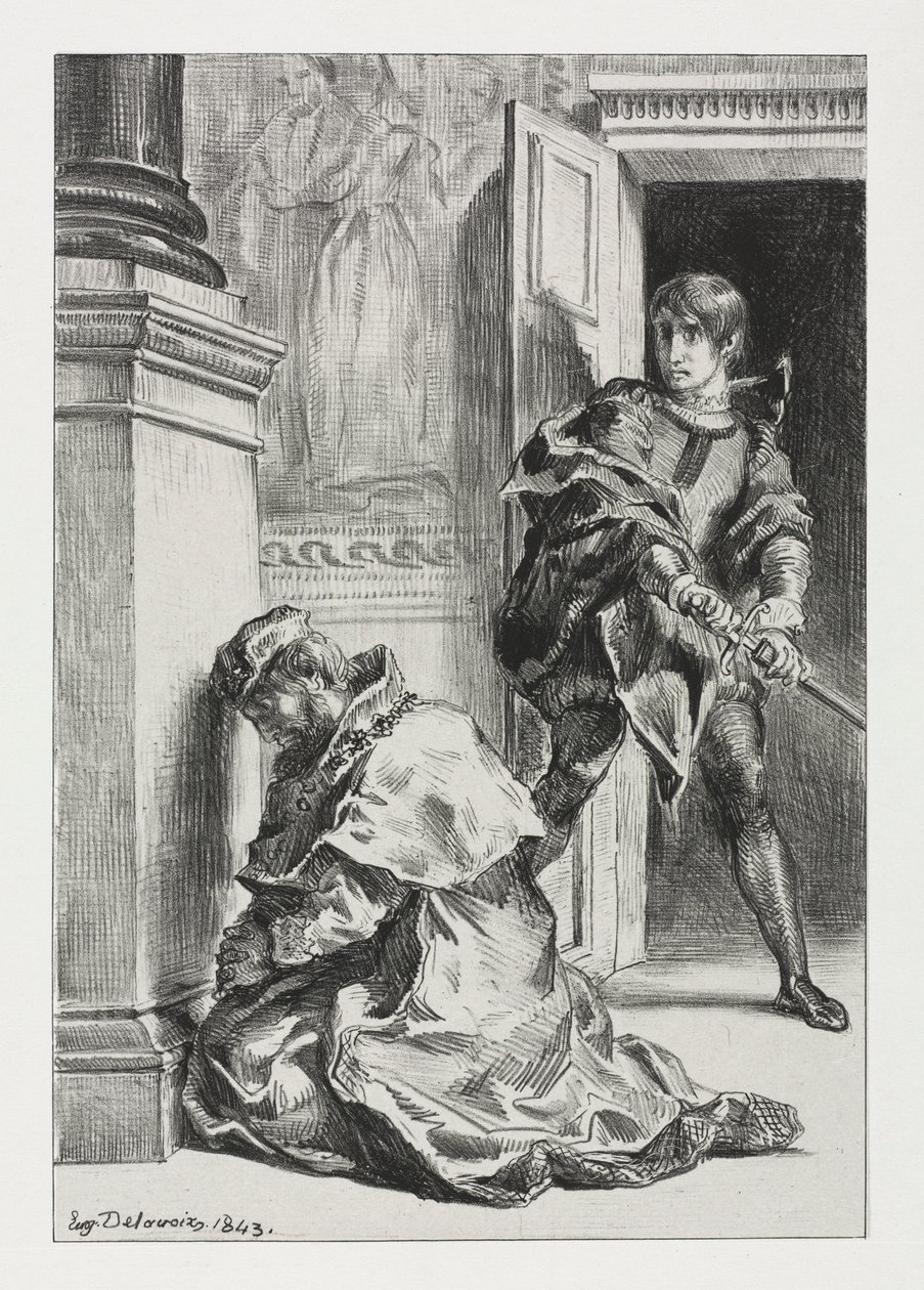 Hamlet: Hamlet versucht, den König zu töten, 1843 von Ferdinand Victor Eugene Delacroix