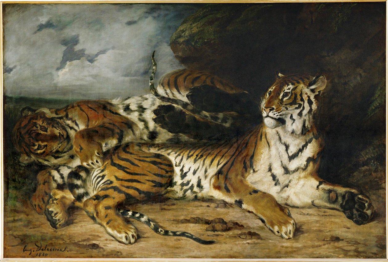 Junger Tiger spielt mit seiner Mutter von Ferdinand Victor Eugene Delacroix