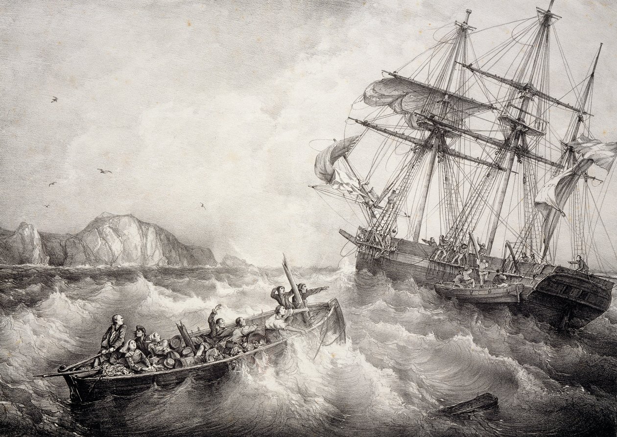 Rettung der Besatzung eines bretonischen Fischerbootes durch das schwedische Schiff Le Neptune, Lithographie von Ferdinand Perrot von Ferdinand Victor Perrot
