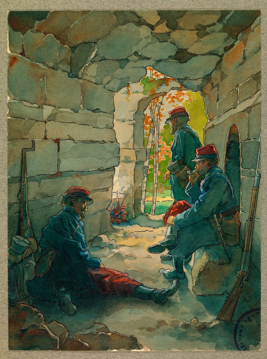 Poilus der Infanterie in Ruhe, Straße von Vailly von Fernand Barbier