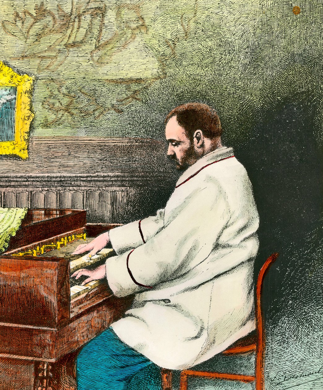 Porträt von Emile Zola beim Orgelspielen. Gravur von Desmoulin von Fernand Desmoulin