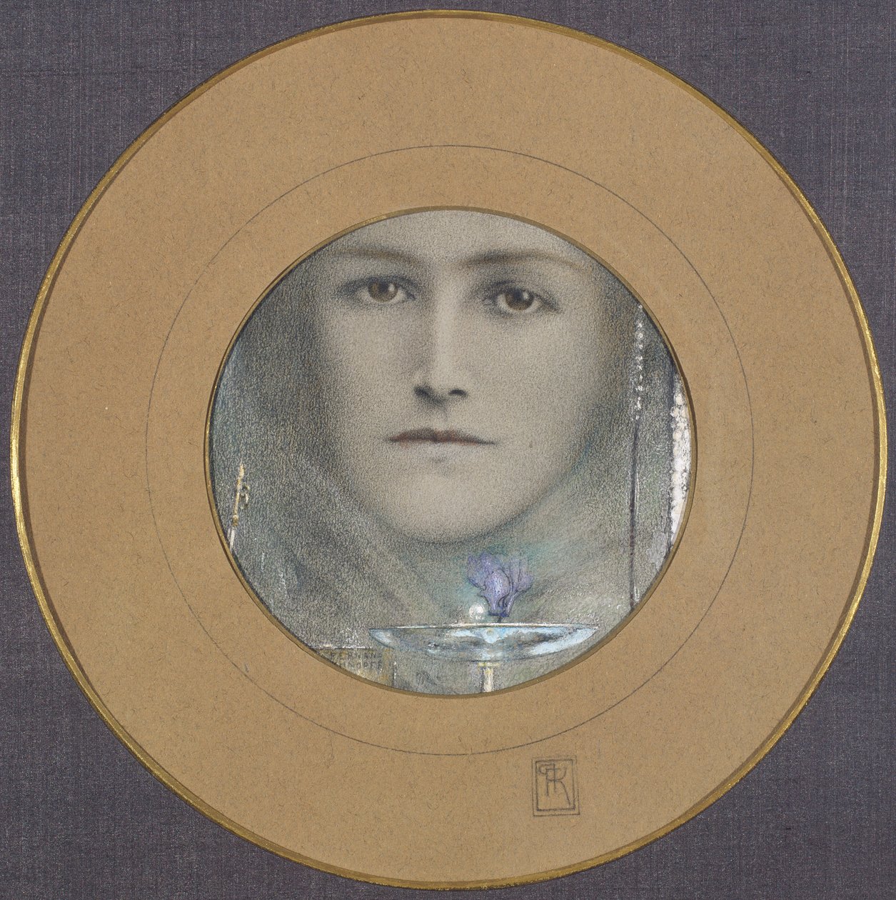 Braune Augen und eine blaue Blume von Fernand Khnopff