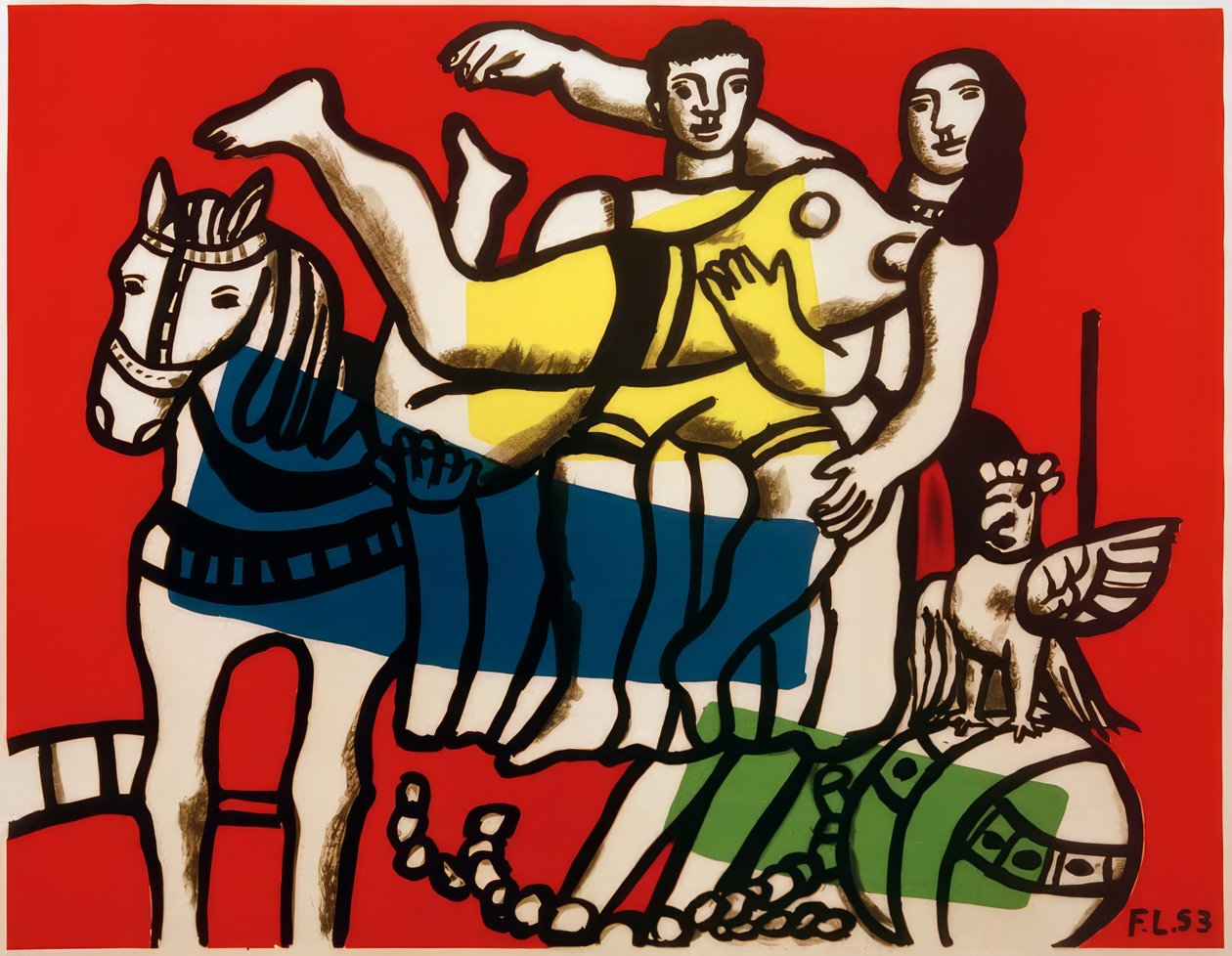 Zirkus, Artisten beim Voltigieren auf einem weißen Pferd von Fernand Leger