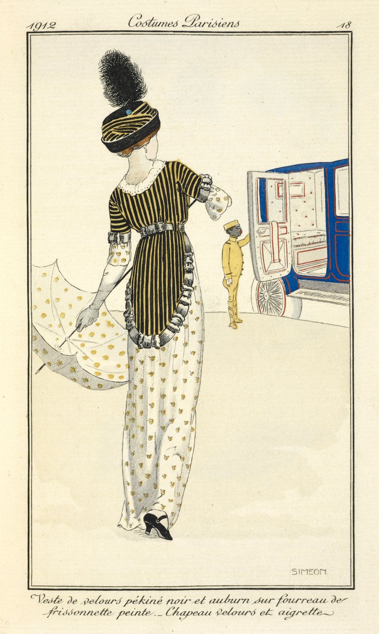 Veste de velours pékiné noir et auburn sur fourreau de frissonnette peinte. Chapeau velours et aigrette. von Fernand Siméon