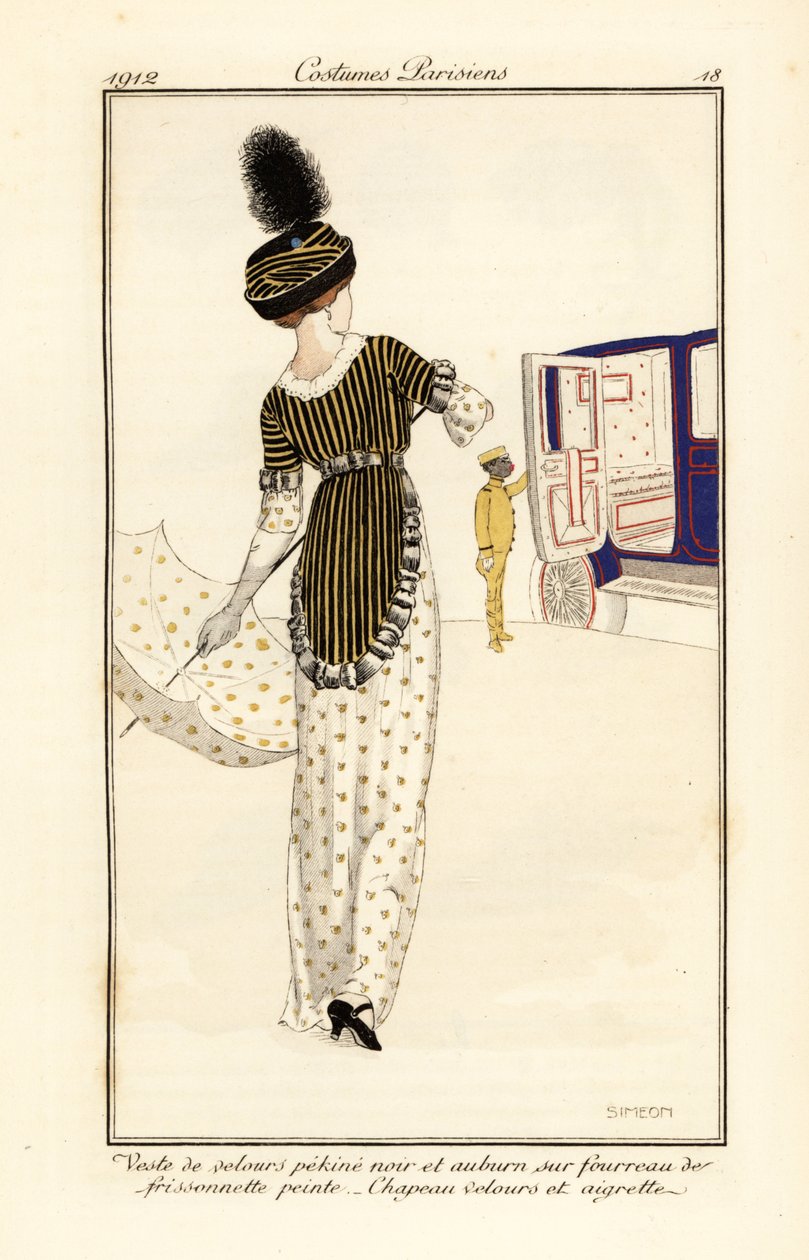 Frau in Weste aus Pekine-Samt über einem bedruckten Kleid von Fernand Siméon