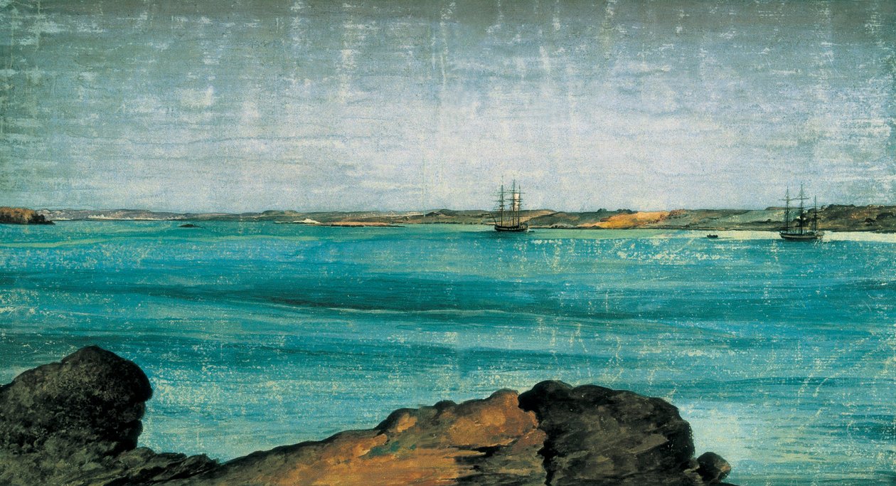 Puerto Deseado, Detail. Stadt und Fischereihafen von Patagonien, in der Provinz Santa Cruz in Argentinien. Zeichnung von Fernando Brambila (1763-1832) Madrid. Marinemuseum. von Fernando Brambila
