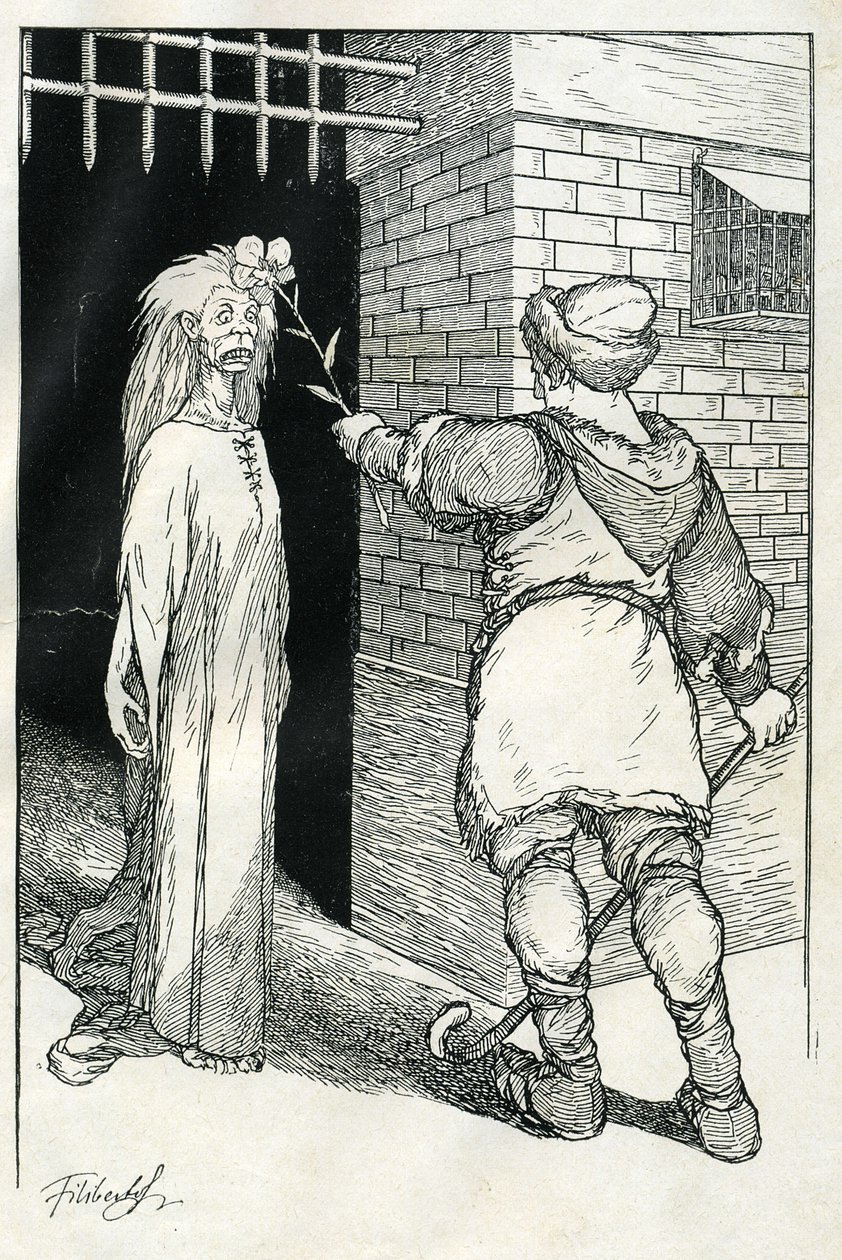 "Er berührte zuerst die alte Frau, die daraufhin erstarrte". Illustration von Filiberto Scarpelli für das Märchen "Guten Abend Ezechiel" aus einer Fabelsammlung der Brüder Jacob und Wilhelm Grimm "Schneewittchen und andere Märchen" von Filiberto Scarpelli