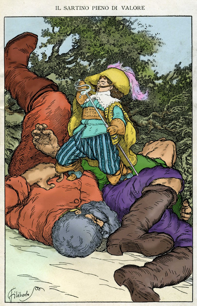 „Bereiten wir die Komödie vor, sagte er“. Illustration von Filiberto Scarpelli für das Märchen „Der tapfere Schneider“ aus einer Sammlung von Fabeln der Brüder Jacob und Wilhelm Grimm „Schneewittchen und andere Märchen“ von Filiberto Scarpelli