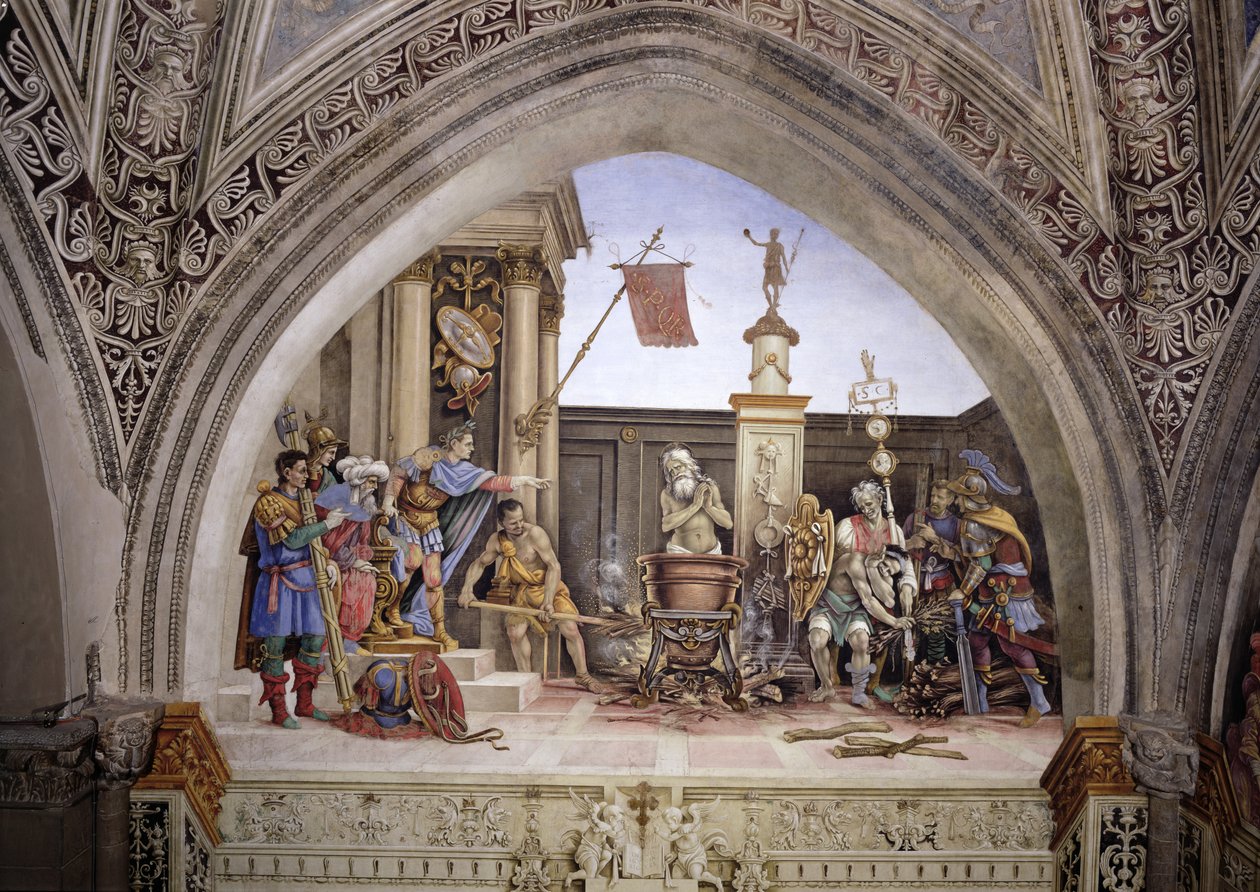 Nordwand der Strozzi-Kapelle, Das Martyrium des Heiligen Johannes des Evangelisten, ca. 1457-1502 von Filippino Lippi