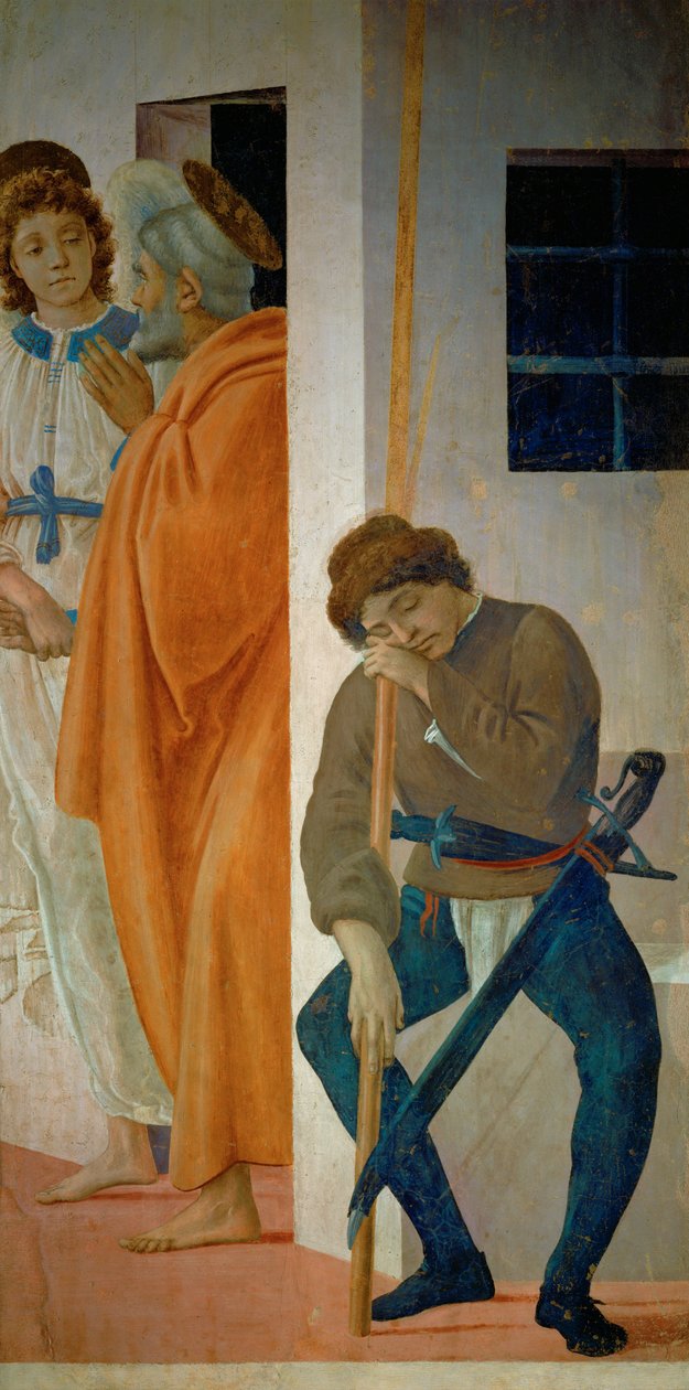 Der heilige Petrus wird von einem Engel aus dem Gefängnis geführt, vorbei an einem der schlafenden Wachen des Königs Herodes von Filippino Lippi