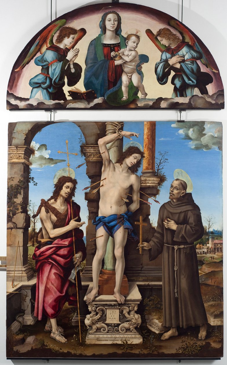 Der heilige Sebastian umgeben von Johannes dem Täufer und Franz von Assisi. Zentrales Panel. Oben die Jungfrau mit Kind. Holzgemälde von Filippo Lippi (1451-1504) von Filippino Lippi