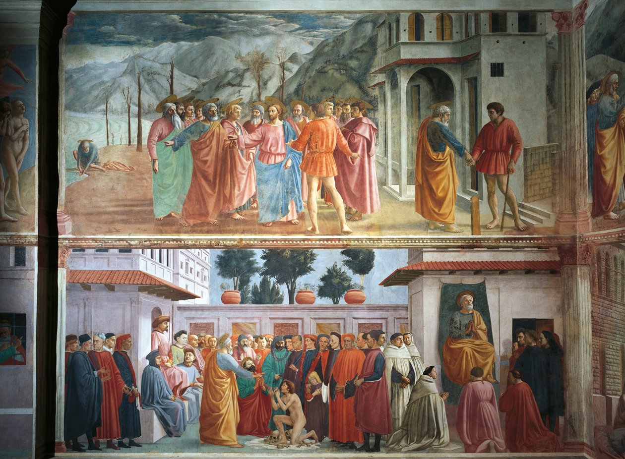 Das Zinsgeld, von Tommaso Masaccio, Die Auferweckung des Sohnes des Theophilus und der thronende Heilige Petrus, von Tommaso Masaccio und Filippo Lippi, Fresken von Filippino Lippi