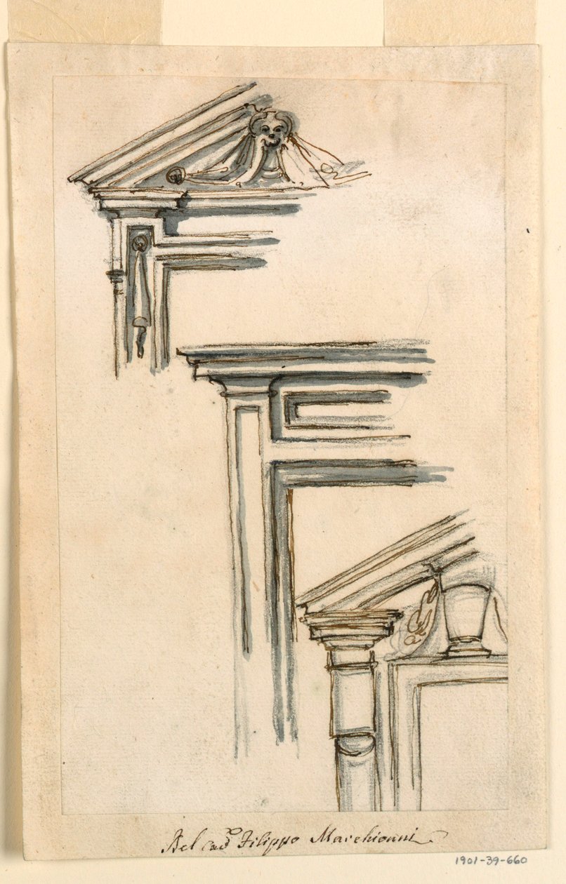 Zeichnung, Drei Fenster- oder Türrahmen, ca. 1770 von Filippo Marchionni