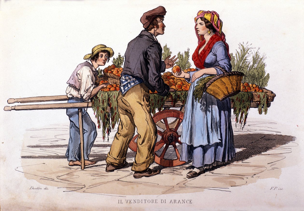 Kleingewerbe der Stadt Neapel: der wandernde Orangenverkäufer. Gravur nach einem Gemälde von F. Palizza. Aus einem Werk von Francesco de Bourcard „Costumi del regno di Napoli“ von Filippo Palizzi
