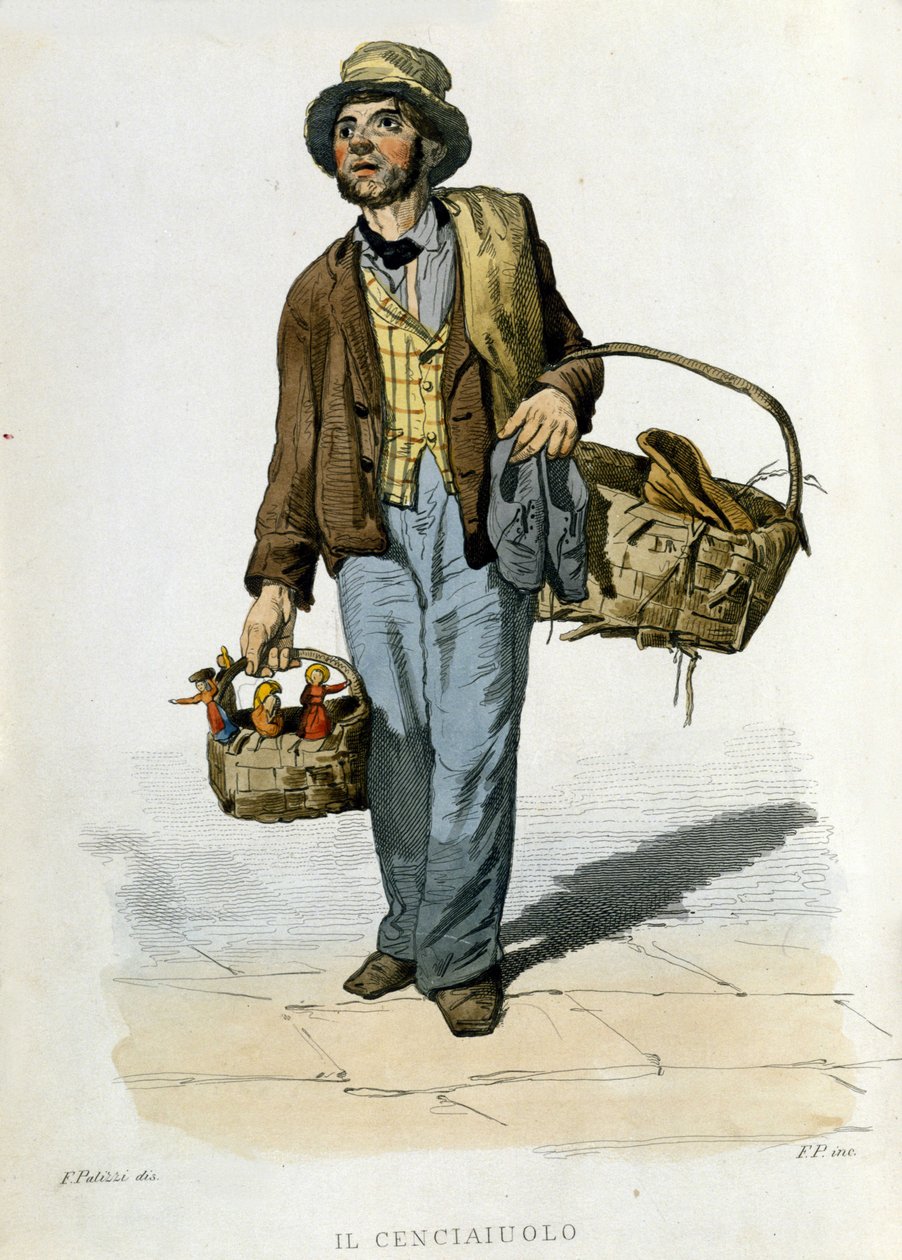 Kleines Gewerbe der Stadt Neapel: der Lumpensammler. Er war eine Figur, die alte Stoffe und Kleidung aufhob, die er gegen Stücke Seife eintauschte. Gravur nach einem Gemälde von F. Palizza. Aus einem Werk von Francesco de Bourcard „Costumi del regno di Nap von Filippo Palizzi