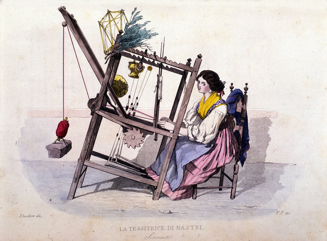 Kleingewerbe des Königreichs Neapel: junge Frau aus Sorrent beim Bänderweben. Stich nach einem Gemälde von F. Palizza. Aus einem Werk von Francesco de Bourcard „Costumi del regno di Napoli“ von Filippo Palizzi