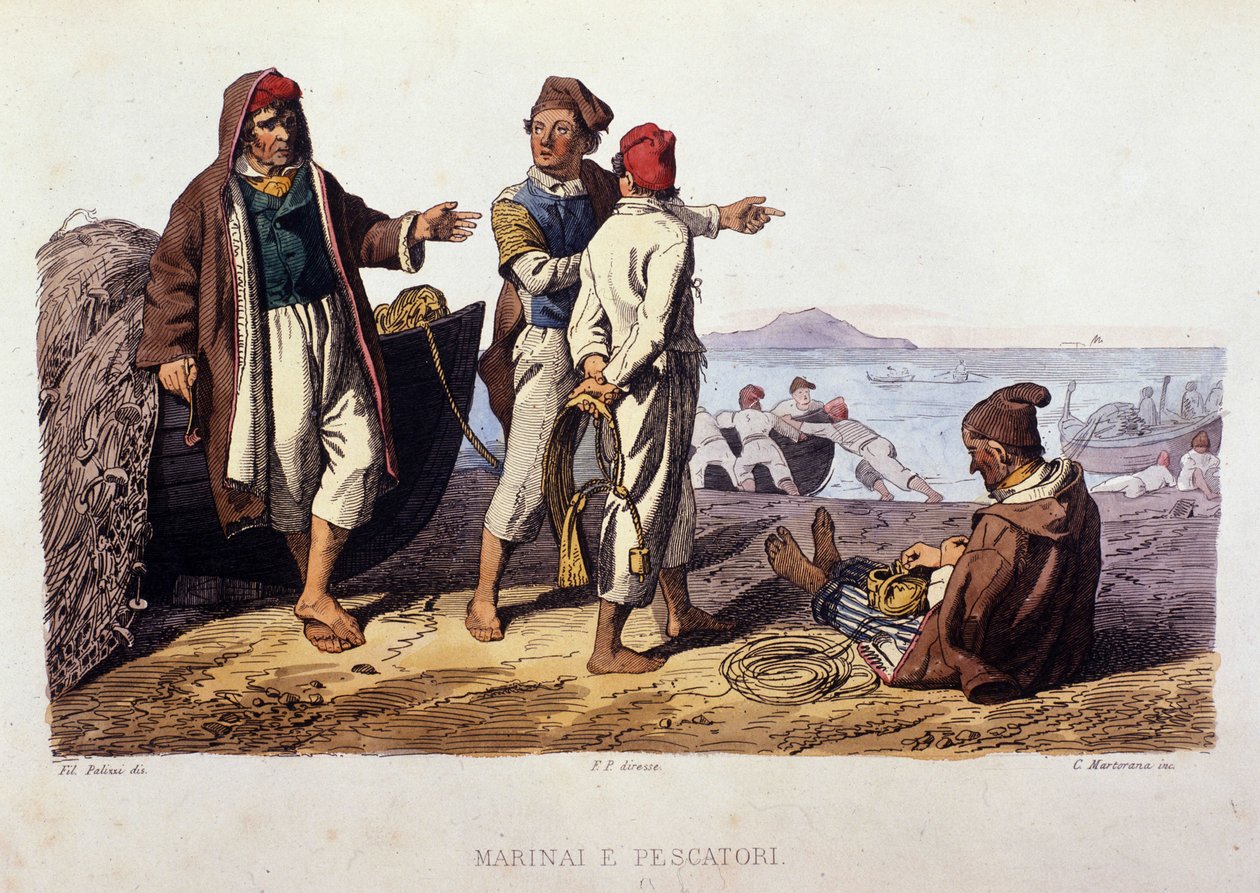Kleiner Beruf des Königreichs Neapel: Matrosen und Fischer. Gravur nach einem Gemälde von F. Palizza. Aus einem Werk von Francesco de Bourcard „Costumi del regno di Napoli“ von Filippo Palizzi