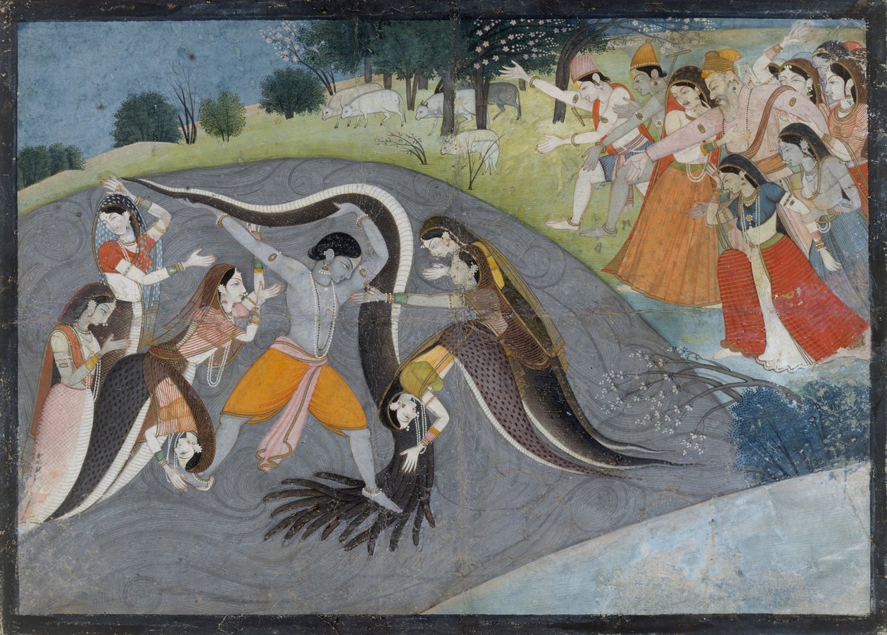 Krishna bezwingt Kaliya, den Schlangendämon: Folio aus einer Bhagavata Purana Serie von First generation after Manaku and Nainsukh.