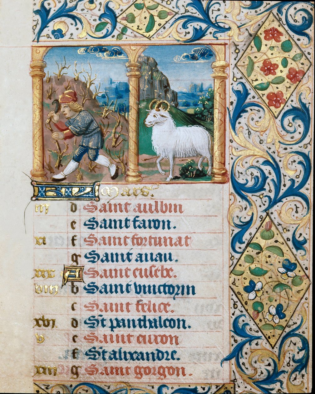 Kalender, Monat März, ein Bauer sät und der Widder (Seite aus einem Stundenbuch) von Flemish School