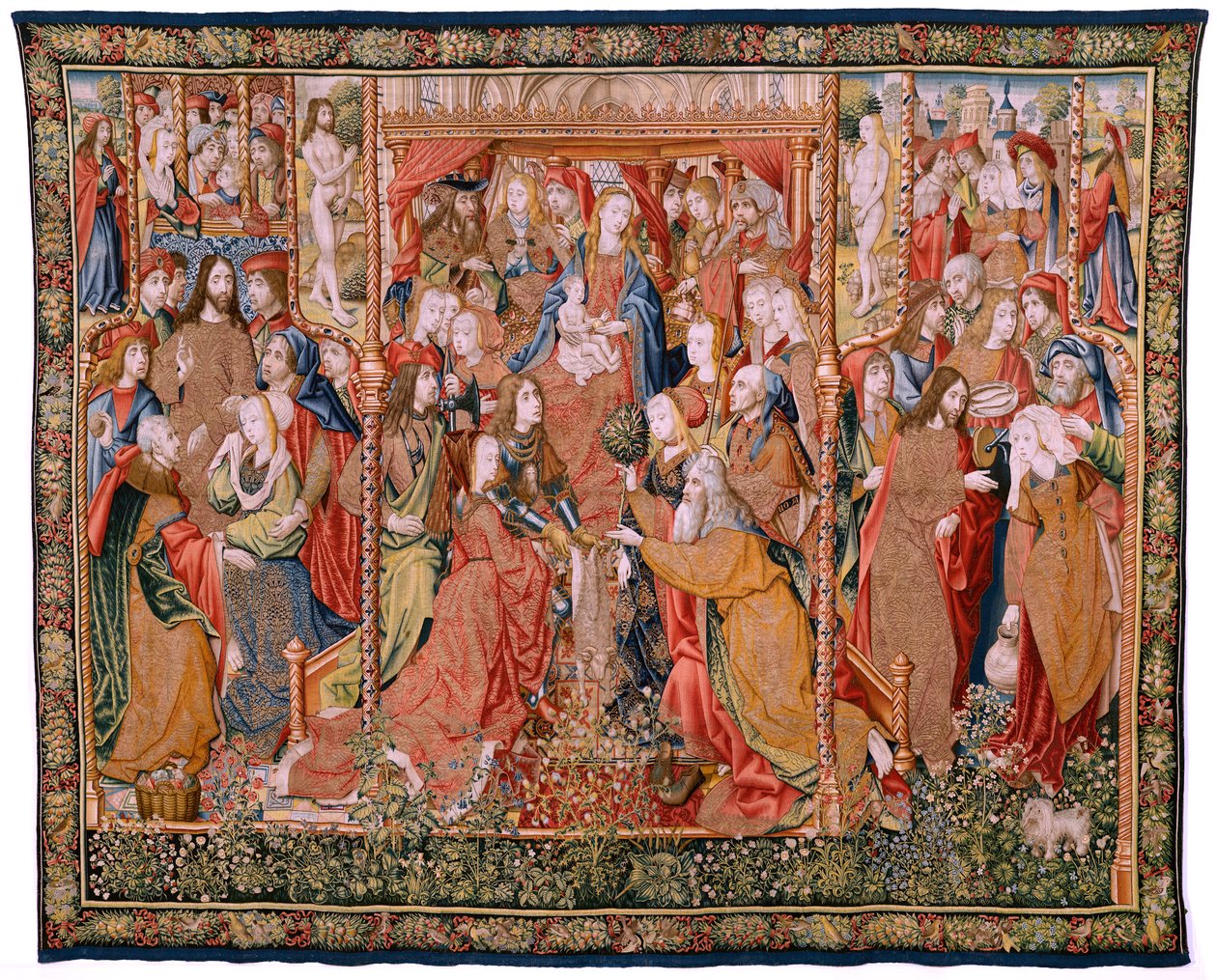 Flämischer Wandteppich. Serie Episoden aus dem Leben der Jungfrau Maria. Die Prophezeiungen erfüllen sich bei der Geburt Christi (Cumplimiento de las profecías en el nacimiento del Hijo de Dios). Erster Wandteppich der Serie. Modelle Jan von Roome (oder va von Flemish School
