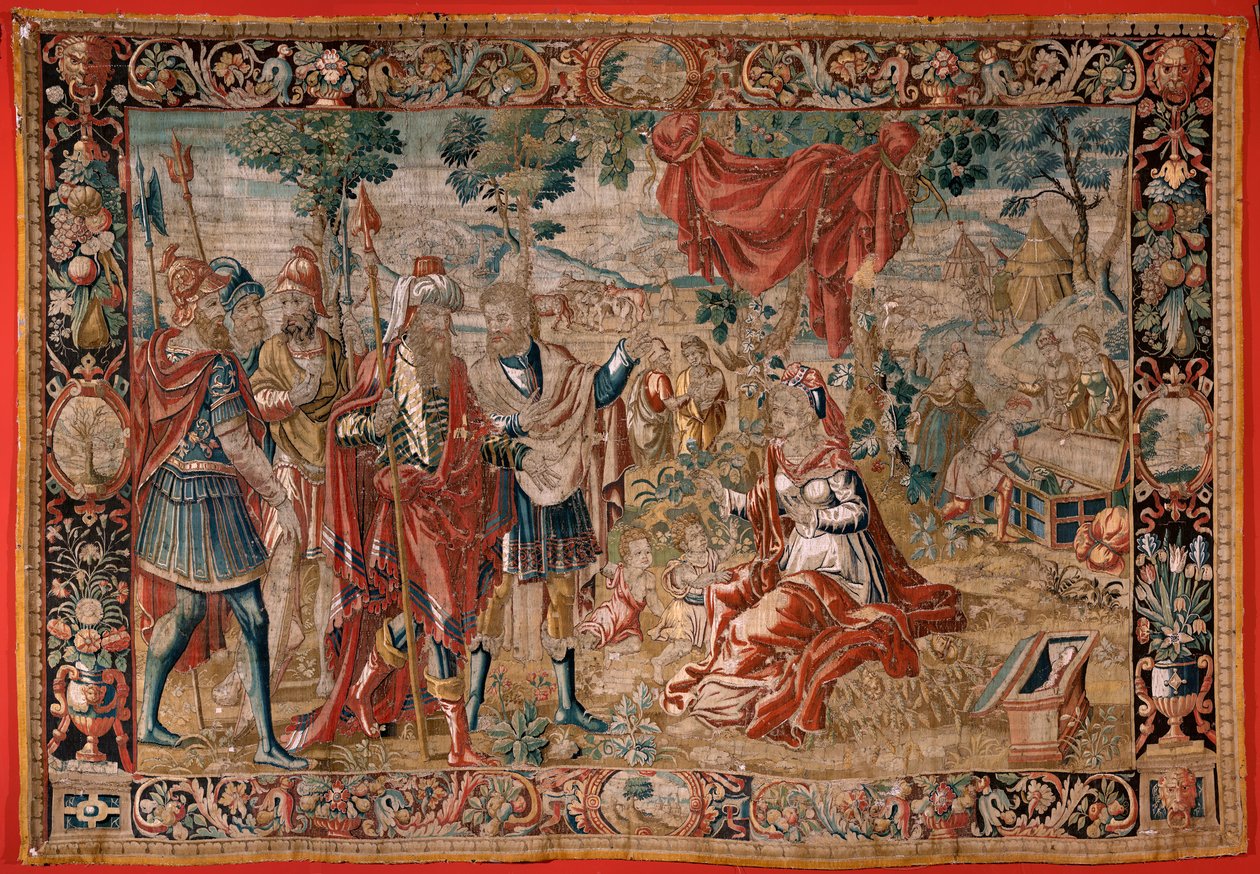 Flämische Tapisserie. Serie Esau und Jakob. Laban sucht nach den gestohlenen Idolen. Zweiter Wandteppich in der Serie. Herstellung Niederlande. Zweite Hälfte des 16. Jahrhunderts. Stoff Wolle. Standort Kirche von Saint Nicholas of Bari. von Flemish School