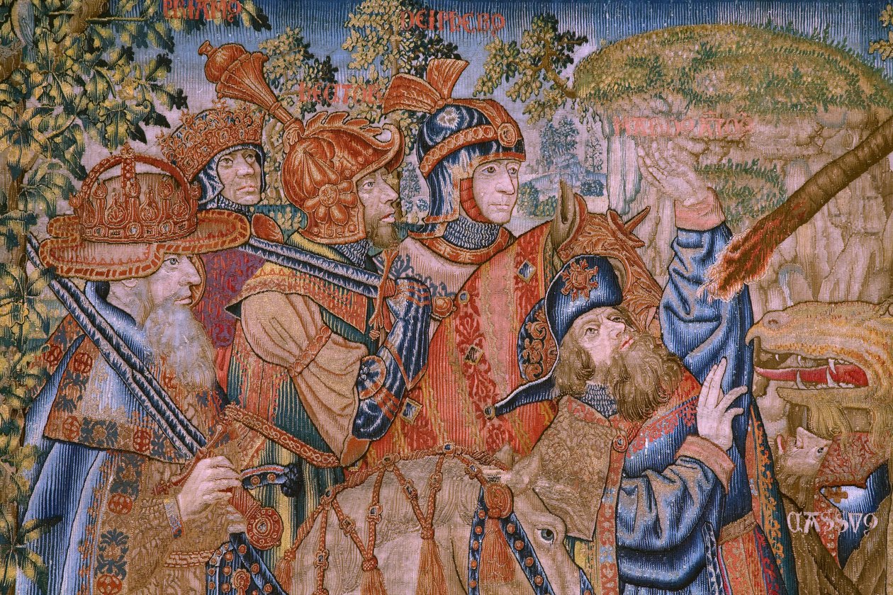 Flämischer Wandteppich. Serie Moralitäten: Die Tugend der Ehren. Ca. 1520. (Detail) von Flemish School