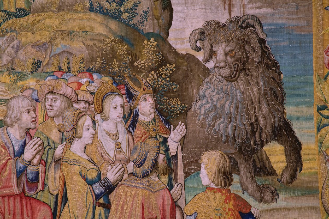 Flämischer Wandteppich. Serie Die Apokalypse: Der heilige Michael besiegt den Drachen. Atelier Willem Dermoyen, Brüssel. Ca. 1553-1555. (Detail) von Flemish School