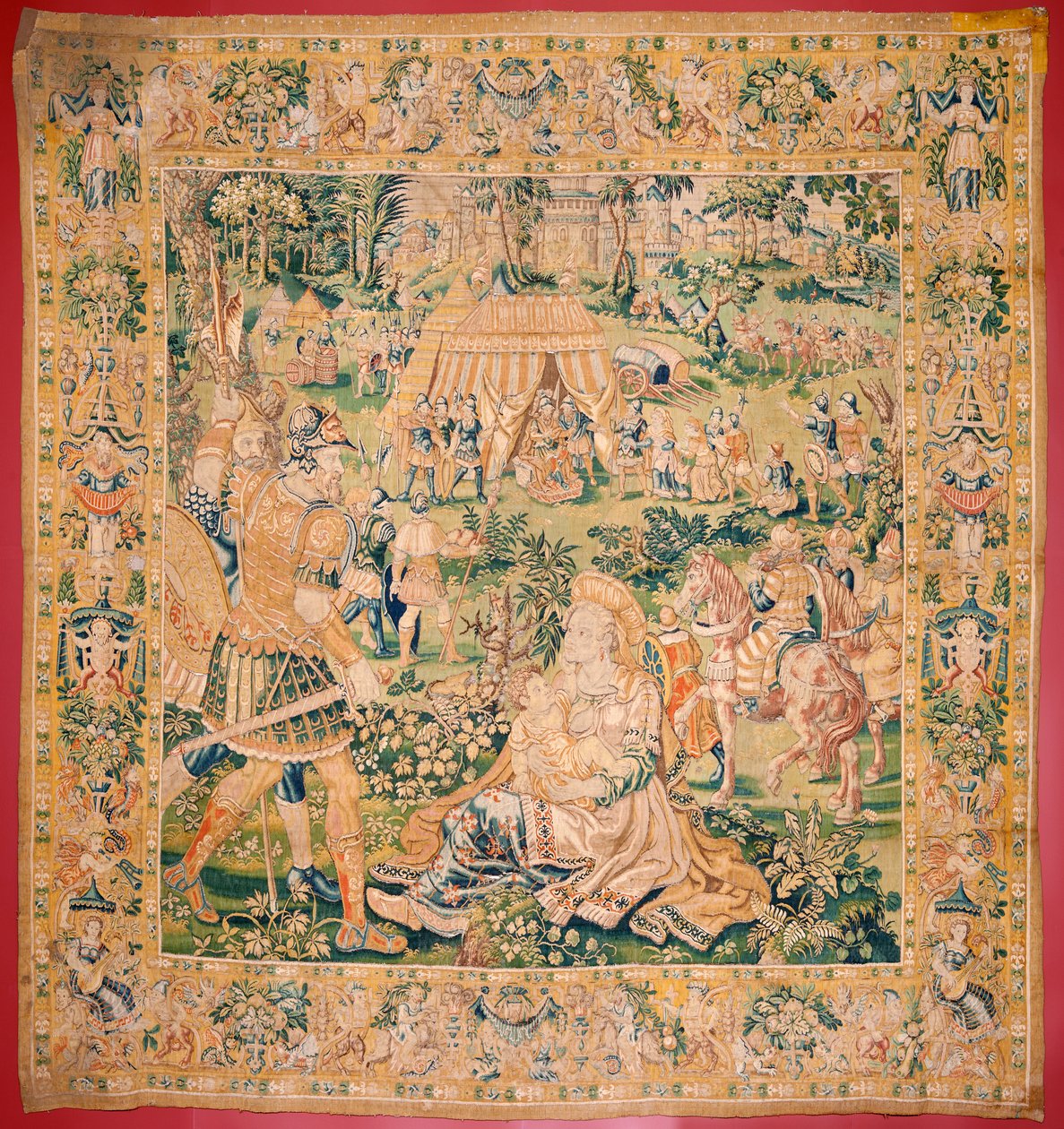 Flämischer Wandteppich. Serie Das Buch Judith. Judith vor Holofernes. Fünfter Wandteppich der Serie. Herstellung Niederlande, Brüssel(?). Zweite Hälfte des 16. Jahrhunderts. Stoff Wolle. Standort Kirche des Heiligen Nikolaus von Bari von Flemish School