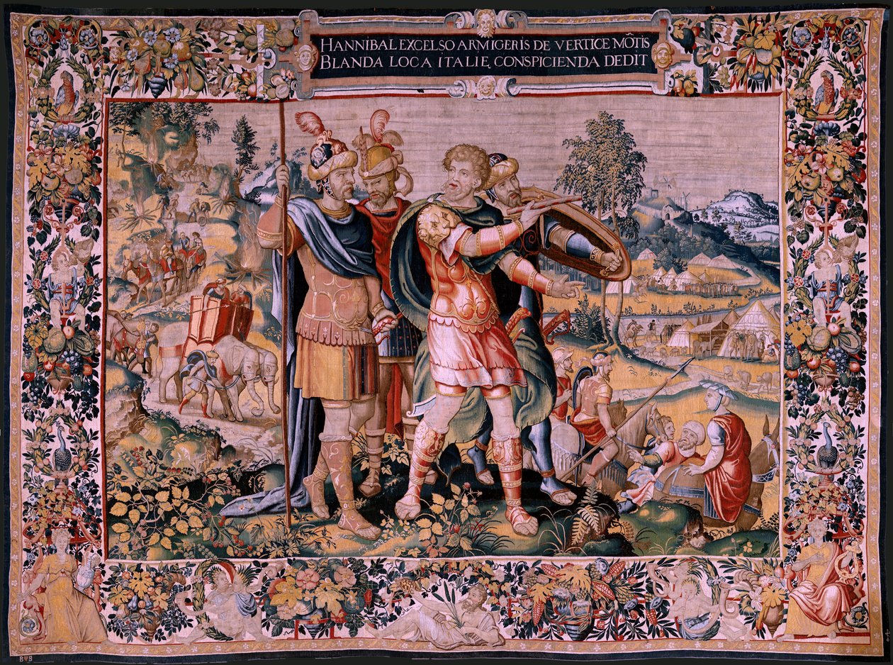 Flämischer Wandteppich. Serie Die Geschichte von Hannibal. Der Alpenübergang. Zweiter erhaltener Wandteppich. Modelle Anonymer Meister der Niederlande. Brüsseler Herstellung, Werkstatt. Ca. 1570. Stoff Wolle und Seide von Flemish School