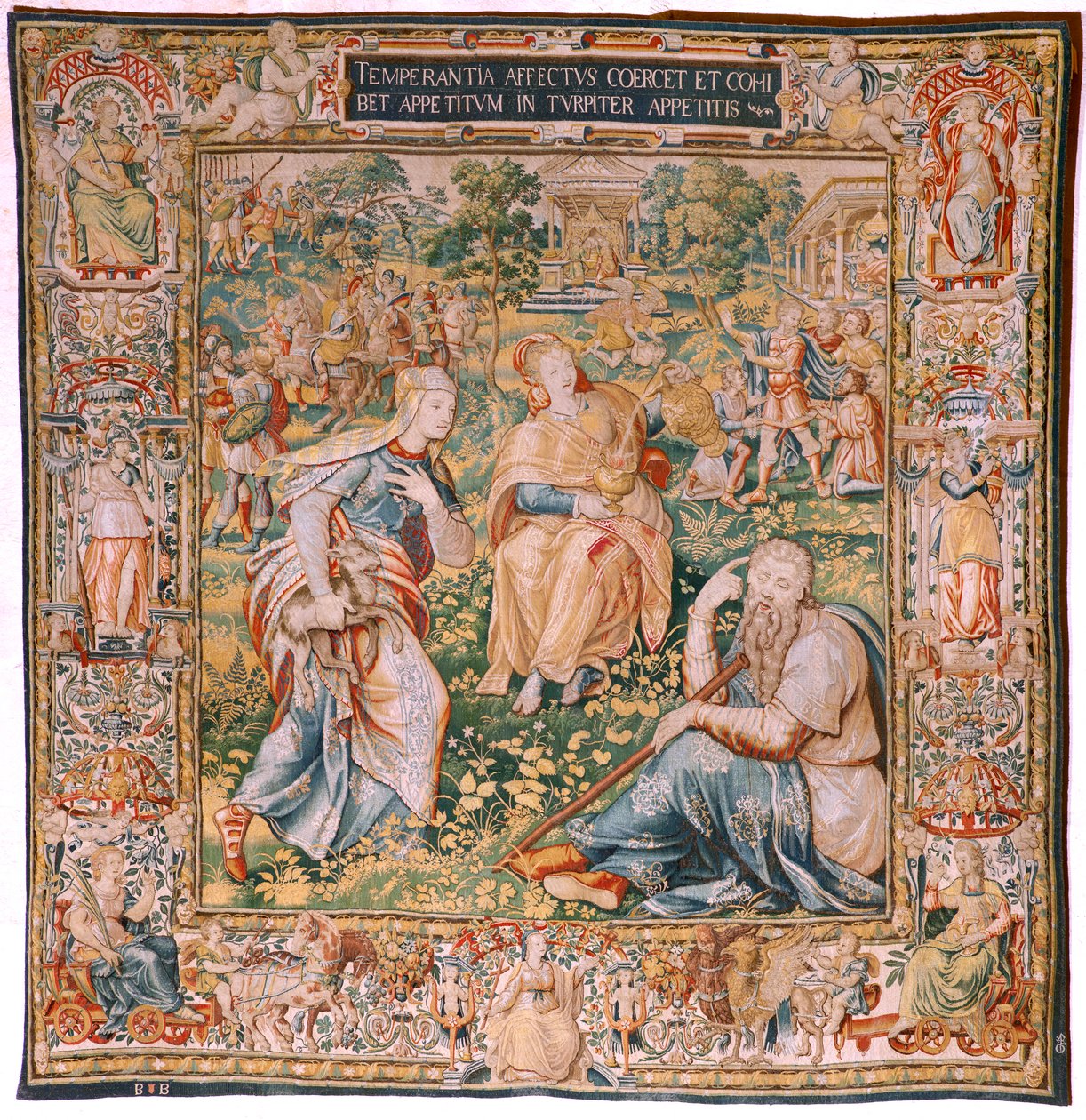 Flämischer Wandteppich. Serie Die Sieben Tugenden. Mäßigung (La Templanza). Modell basierend auf Michiel Coxcie. Herstellung Brüssel. Hergestellt von Frans Geubels. Ca. 1560-1570. Seide und Wolle. Größe 330 x 320 cm. Standort Kathedrale von Burgos. von Flemish School